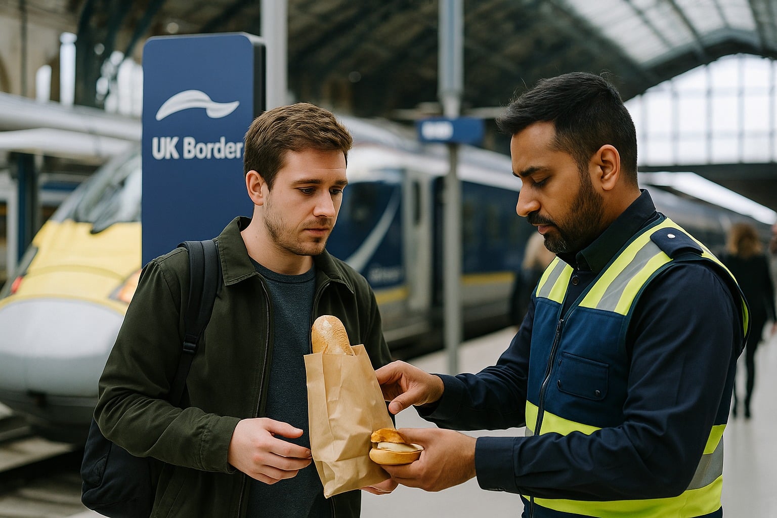 Contrôle à l’embarquement Eurostar vers Londres, agent inspectant un sac avec sandwich et produits laitiers.