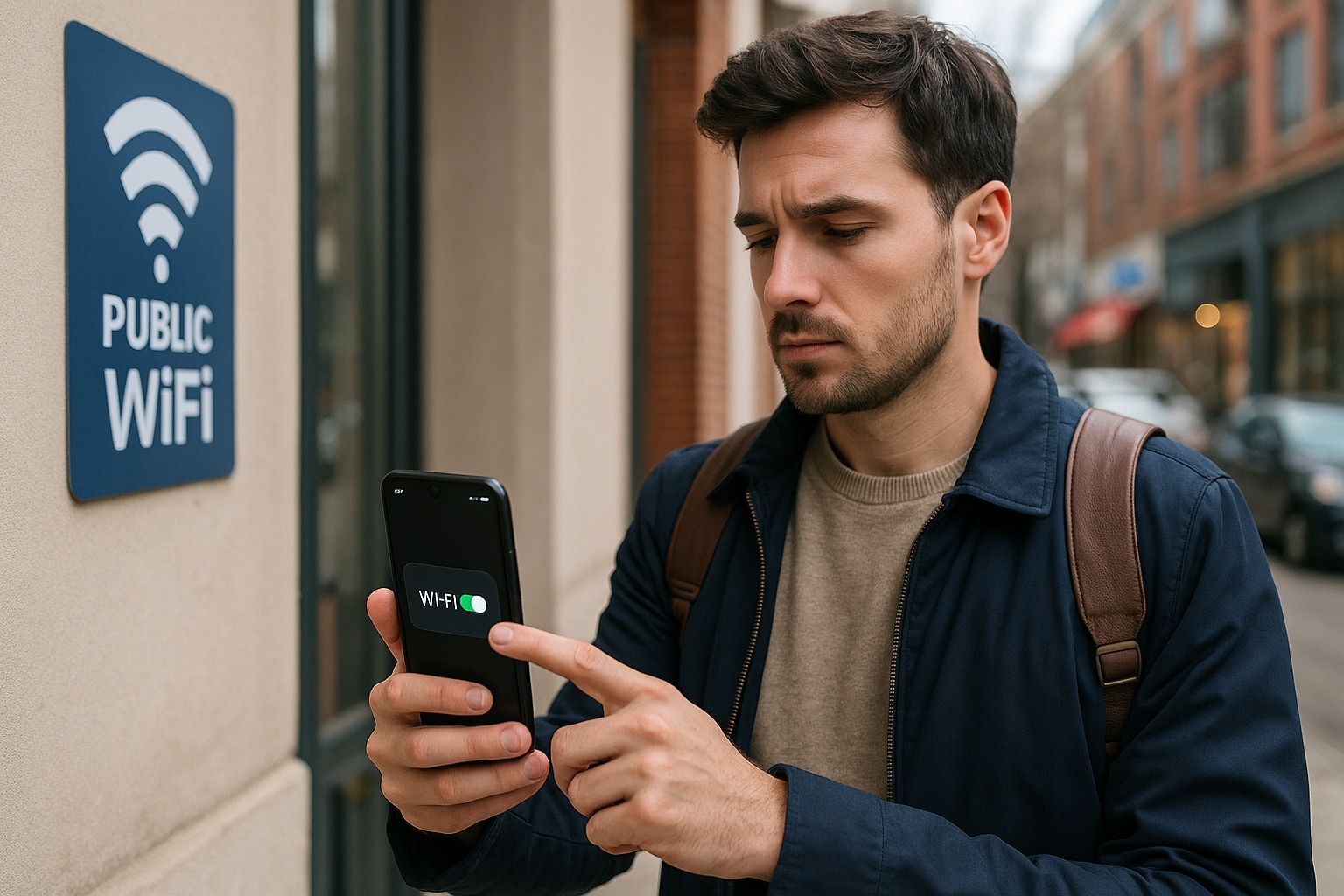 Jeune homme dans la rue désactivant le WiFi de son smartphone devant un panneau “Public WiFi” pour protéger ses données.