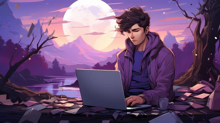 Jeune employée en chemise allongée sur son bureau devant un ordinateur portable allumé, symbole d’épuisement professionnel et de surcharge de travail.