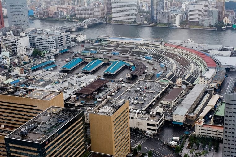 Vue extérieure du marché aux poissons de Tsukiji depuis Shiodome à Tokyo, panorama urbain en format horizontal
