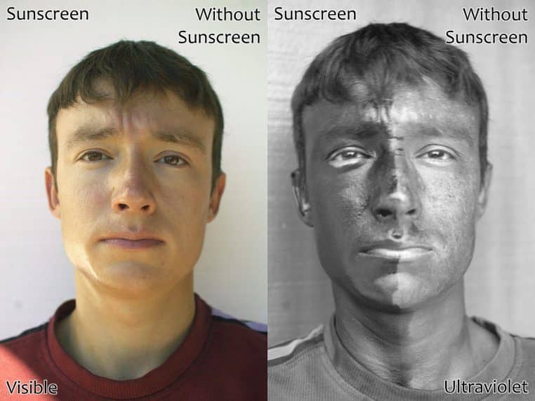 Comparaison visage avec et sans crème solaire : photo visible et UV montrant la zone protégée plus sombre.