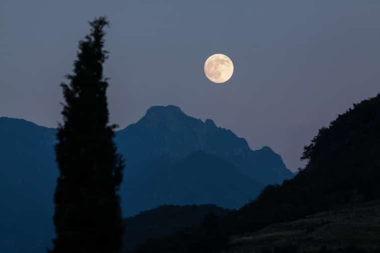 moon, cypress, mountains, moonrise, nature, full moon, romantic, night, eve, dusk, almost night