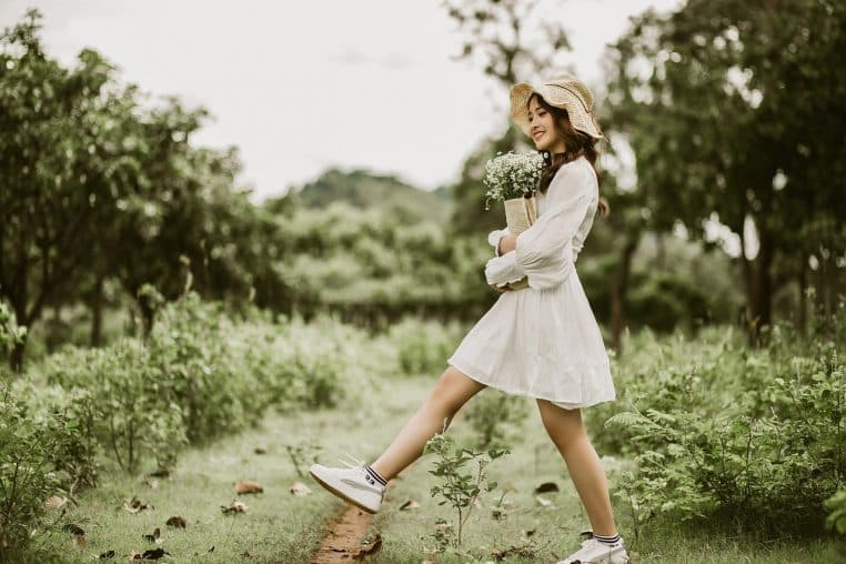 girl, fashion, flowers, woman, flower background, dress, hat, style, beautiful flowers, smile, nature, flower wallpaper, happy, meadow, outdoors