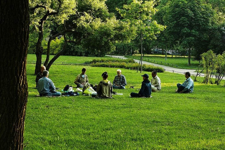 Groupe assis en cercle dans un parc verdoyant pour une séance de méditation, lumière douce d’été.