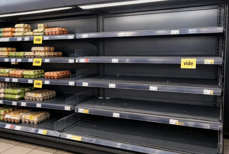 Rayon d’œufs en supermarché, partiellement vide, avec quelques boîtes restantes sur la gauche.