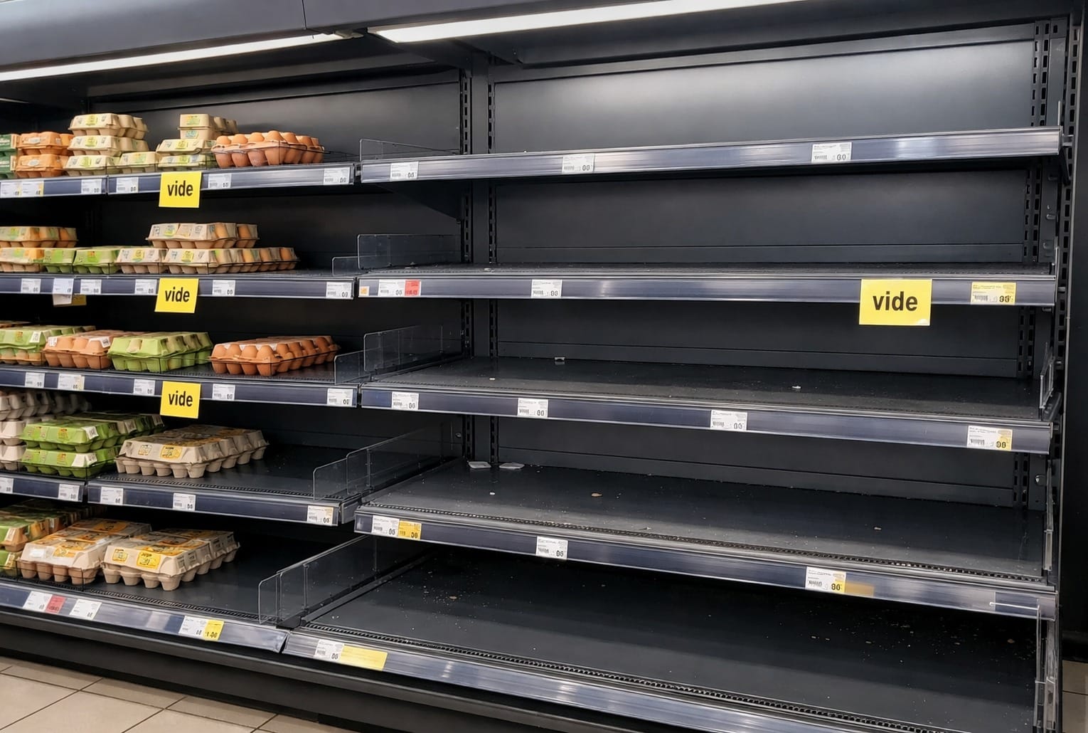 Rayon d’œufs en supermarché, partiellement vide, avec quelques boîtes restantes sur la gauche.