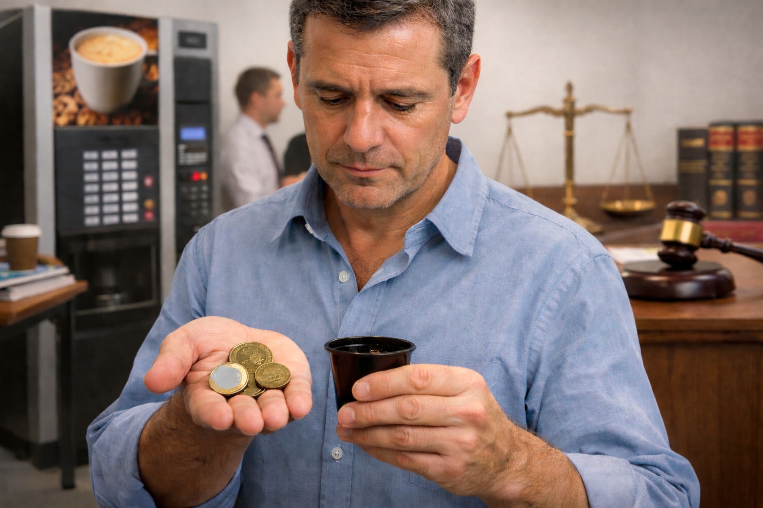 Un salarié observe 1,60 € de monnaie dans une salle de pause, près d’un distributeur de café, avec des symboles de justice en arrière-plan.