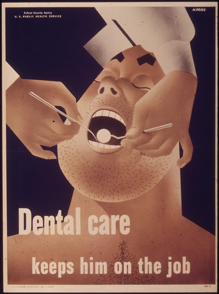 Affiche montrant des instruments dentaires utilisés dans la bouche d’un patient.