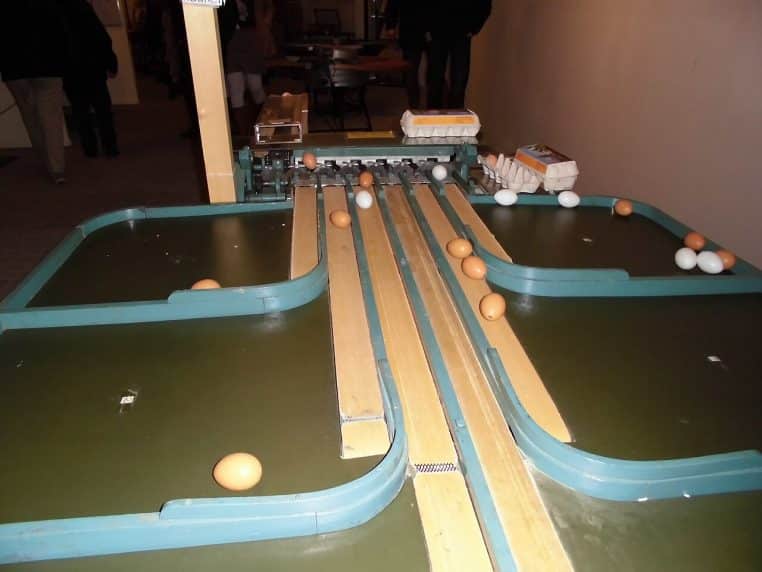 Machine de tri des œufs ancienne (MOBA, modèle de 1948) photographiée dans un musée, avec les éléments mécaniques du tri visibles.