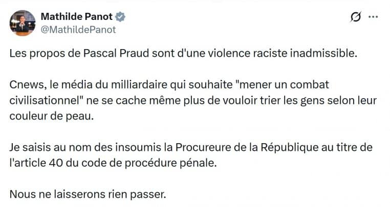 Mathilde Panot réaction propos Pascal Praud