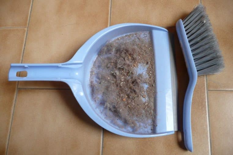 Poussière et débris ramassés dans une pelle bleue posée sur un carrelage, illustration du ménage quotidien.
