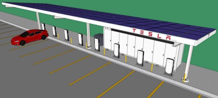 Rendu d’une station Tesla Supercharger avec canopy solaire, emplacements au sol et bornes alignées
