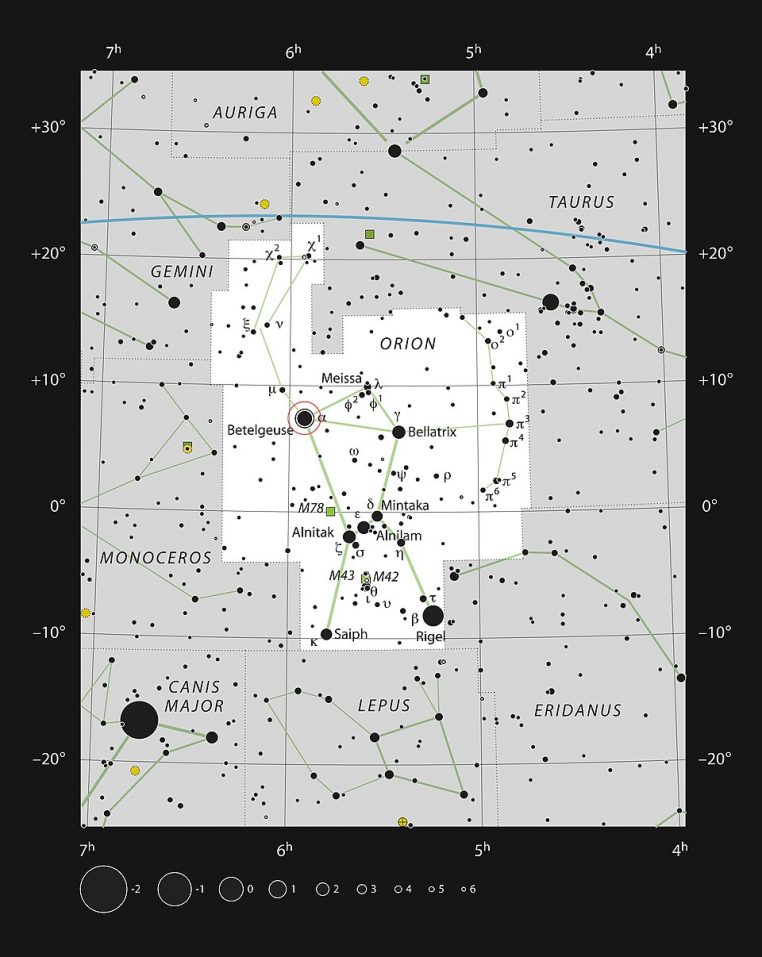Carte de la constellation d’Orion indiquant la position de Bételgeuse.