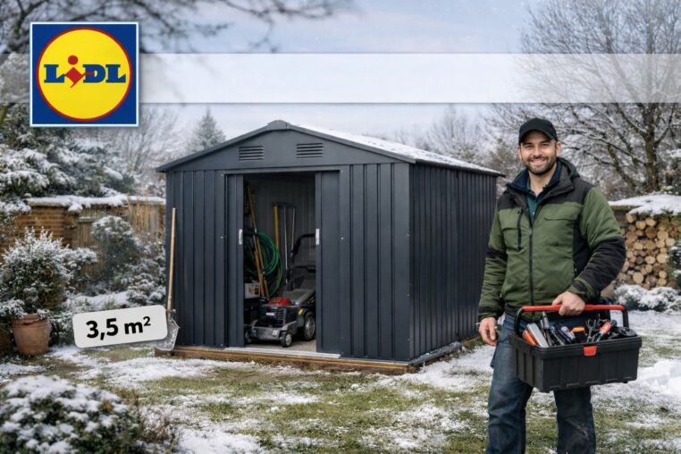 Abri de jardin métallique Lidl (3,5 m²) mis en scène dans un jardin d’hiver, avec logo Lidl.