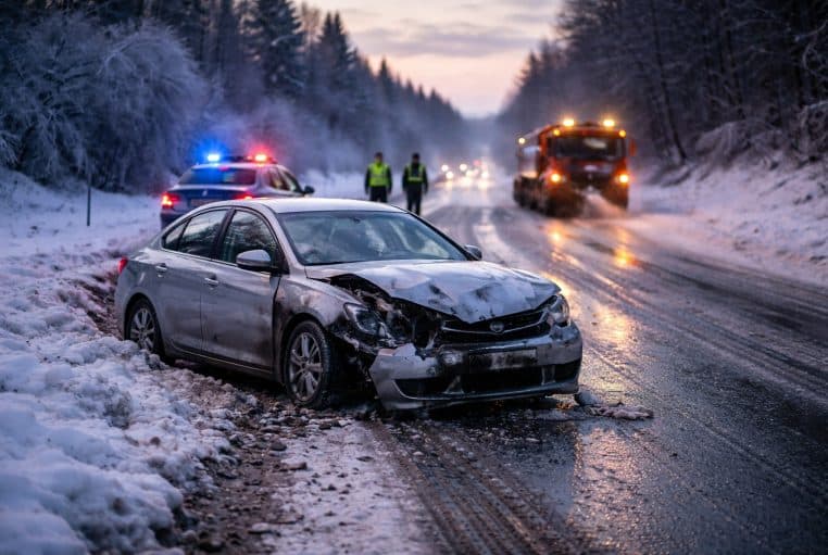 Voiture accidentée sur route verglacée au crépuscule, trace de glissade et neige fondue sur bas-côté