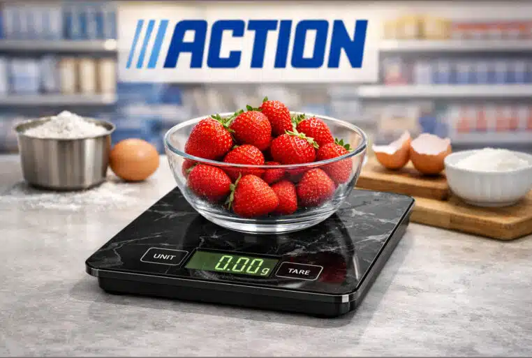 Balance de cuisine électronique Action à 4,95 € avec écran numérique et logo Action, pour peser des ingrédients au gramme près.