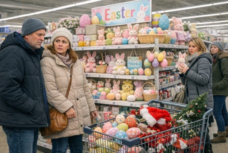 Dans une allée de magasin discount en plein mois de janvier, des clients en manteaux d’hiver regardent une mise en avant de décorations de Pâques, tandis qu’un chariot contient encore des accessoires de Noël.