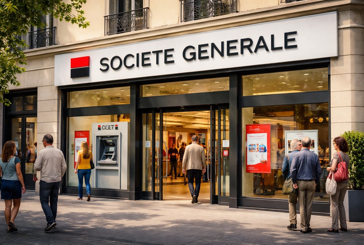 Agence Société Générale en centre-ville, clients devant l’entrée (2026)