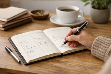 Main écrivant dans un agenda papier ouvert sur un bureau en bois, stylo et café en arrière-plan
