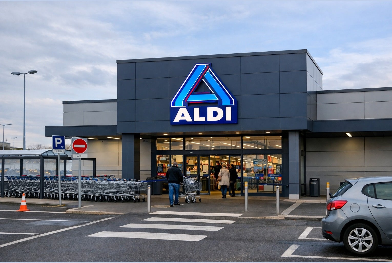 Devanture d’un supermarché Aldi en France, parking et chariots