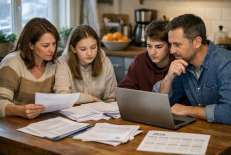 Parents et deux ados à table, dossiers d’allocations familiales et ordinateur, scène de foyer en France.