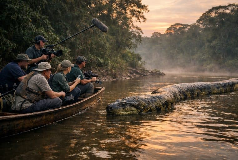 Équipe scientifique en pirogue observant un anaconda géant dans une rivière amazonienne brumeuse.