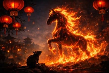 Cheval de feu flamboyant se dressant dans la nuit, lanternes rouges en arrière-plan, petit rat observant au premier plan.