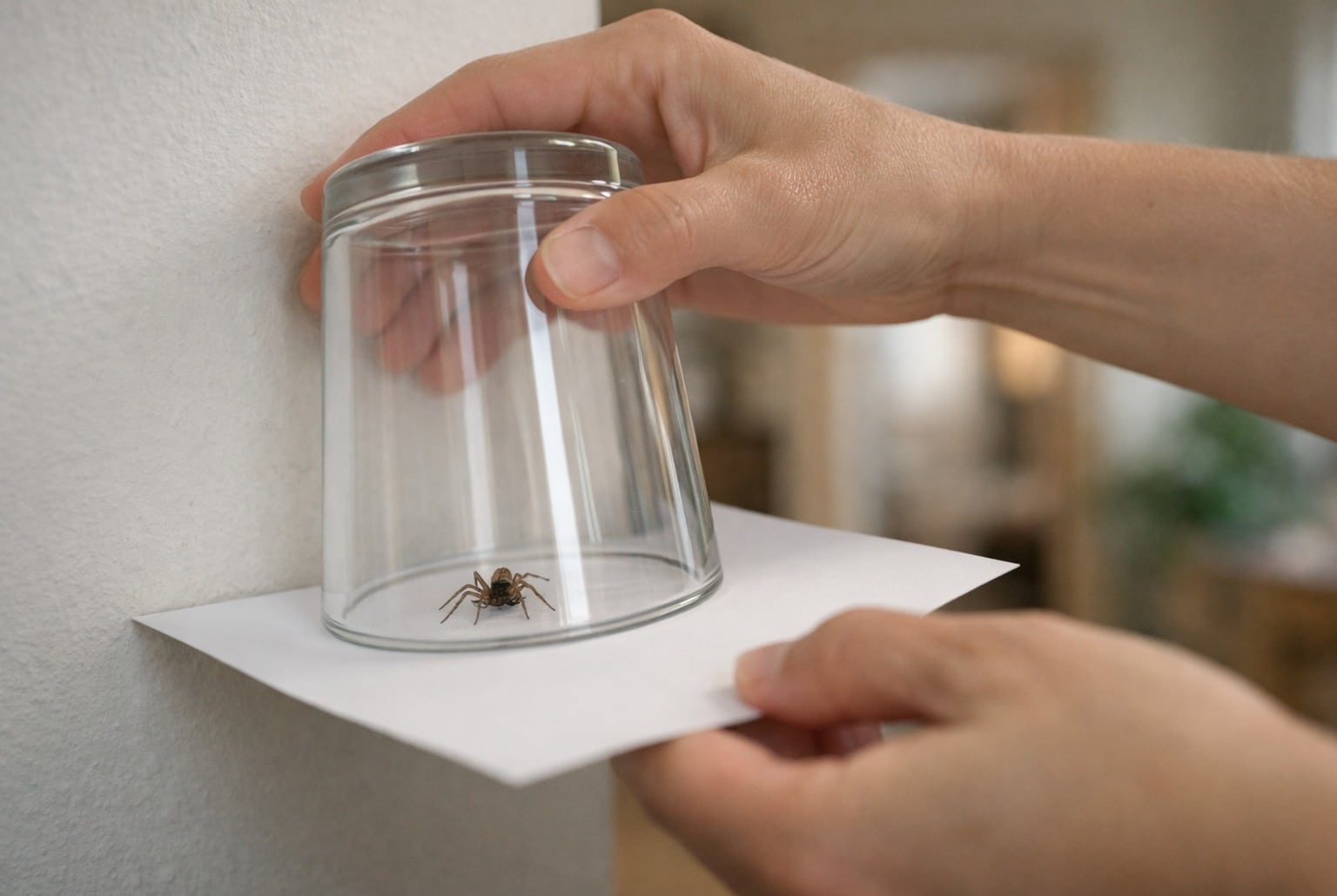 Main tenant un verre et une feuille pour capturer doucement une petite araignée sur un mur intérieur, lumière naturelle.