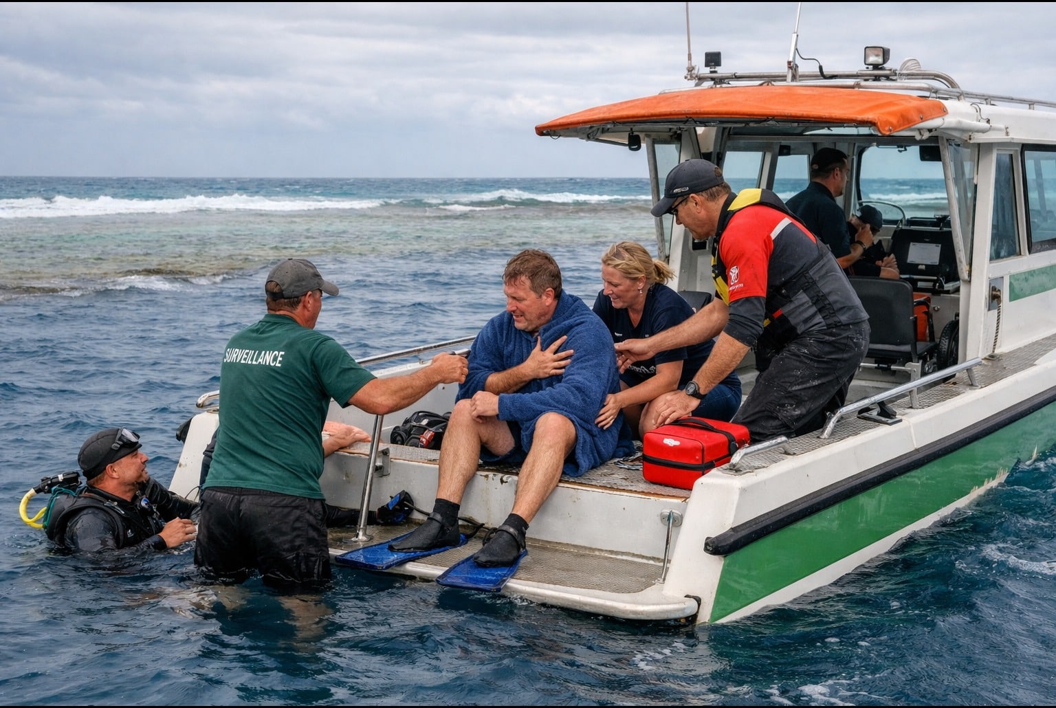 Opération de secours en mer près du récif de Bourail, plongeur assisté sur un bateau par des sauveteurs.