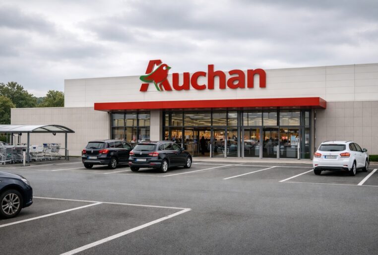 Façade d’un supermarché Auchan avec le vrai logo Auchan, parking au premier plan, ciel couvert.