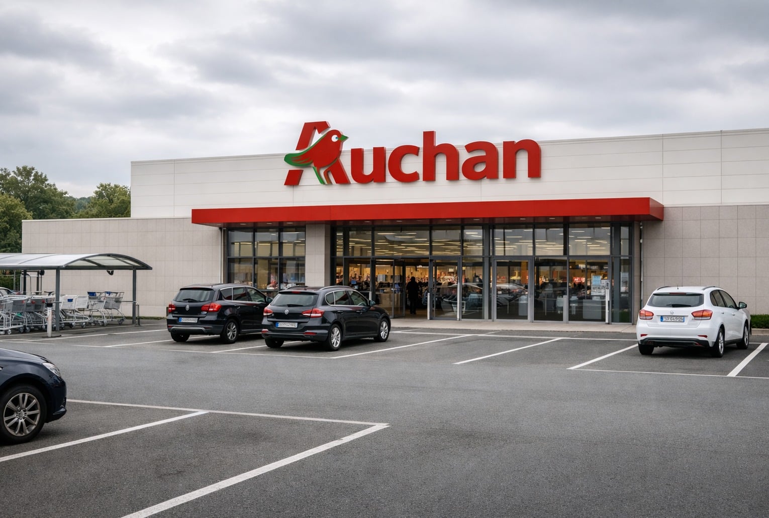 Façade d’un supermarché Auchan avec le vrai logo Auchan, parking au premier plan, ciel couvert.
