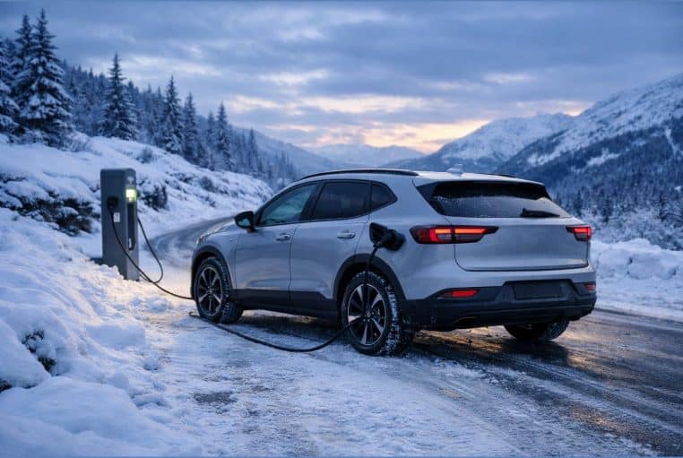 SUV électrique moderne sur route enneigée à l’aube, températures négatives, conditions hivernales réelles.
