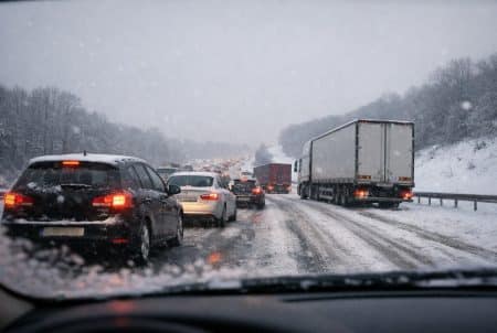 File de voitures et poids lourds immobilisés sur l’A28 enneigée en Seine-Maritime, matin d’hiver