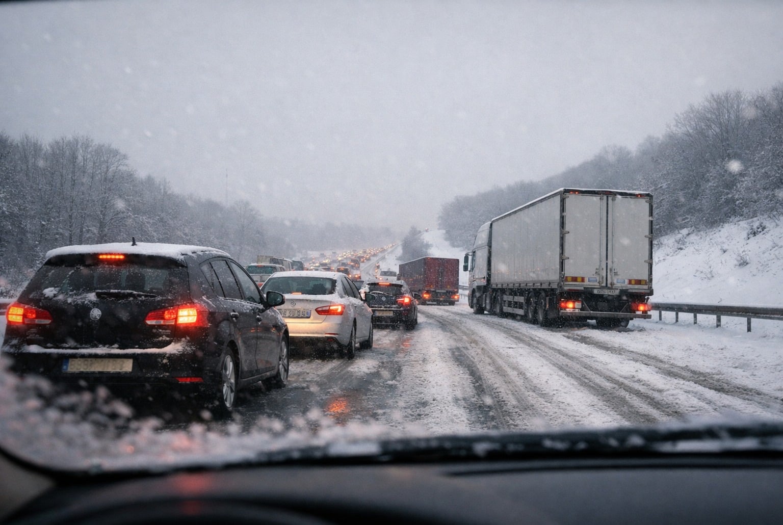 File de voitures et poids lourds immobilisés sur l’A28 enneigée en Seine-Maritime, matin d’hiver