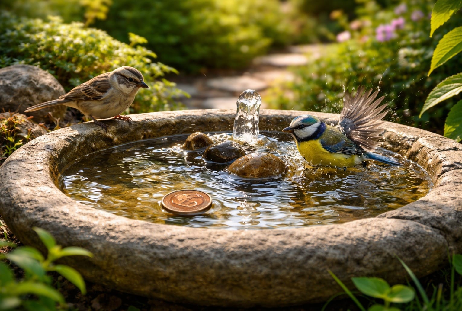 Bain d’oiseaux avec une pièce de 2 centimes au fond, une mésange bleue qui se baigne et un moineau posé sur le bord.