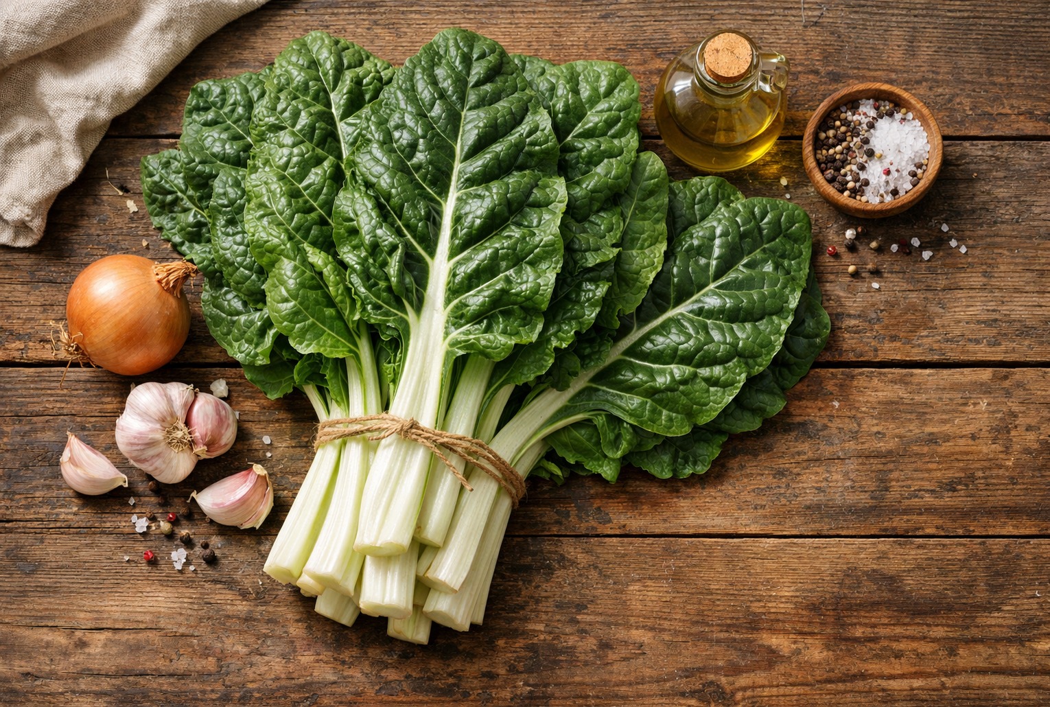 Blette fraîche en botte sur table en bois avec ail, oignon et huile d’olive