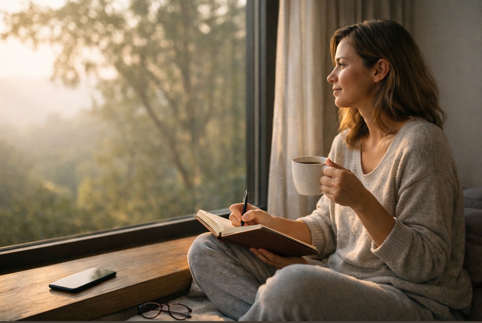 Femme assise près d’une fenêtre, carnet et tasse à la main, téléphone posé à côté, lumière douce du matin.