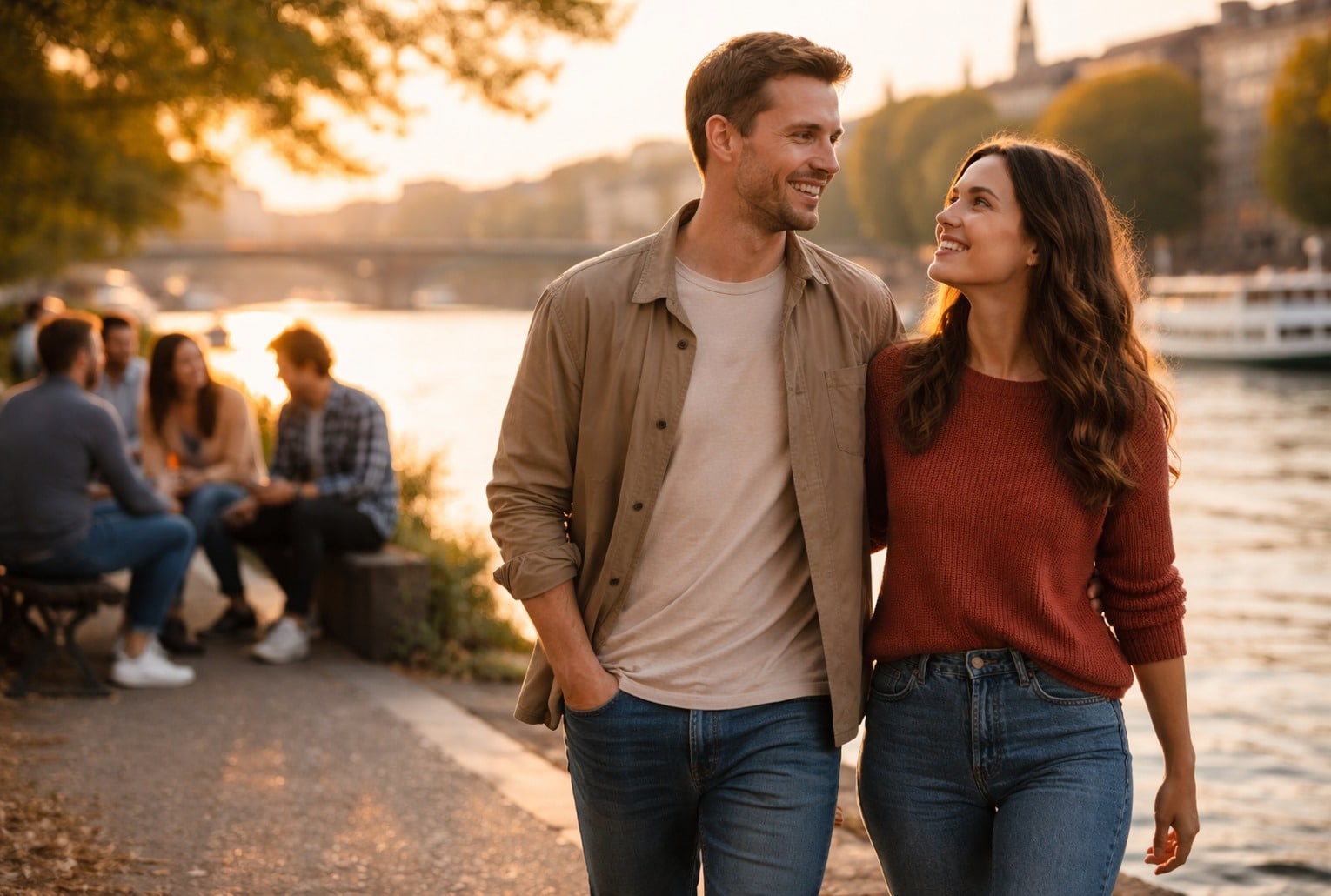 Couple d’une trentaine d’années marchant au bord d’un fleuve au coucher du soleil, tandis que des amis discutent sur un banc à l’arrière-plan.