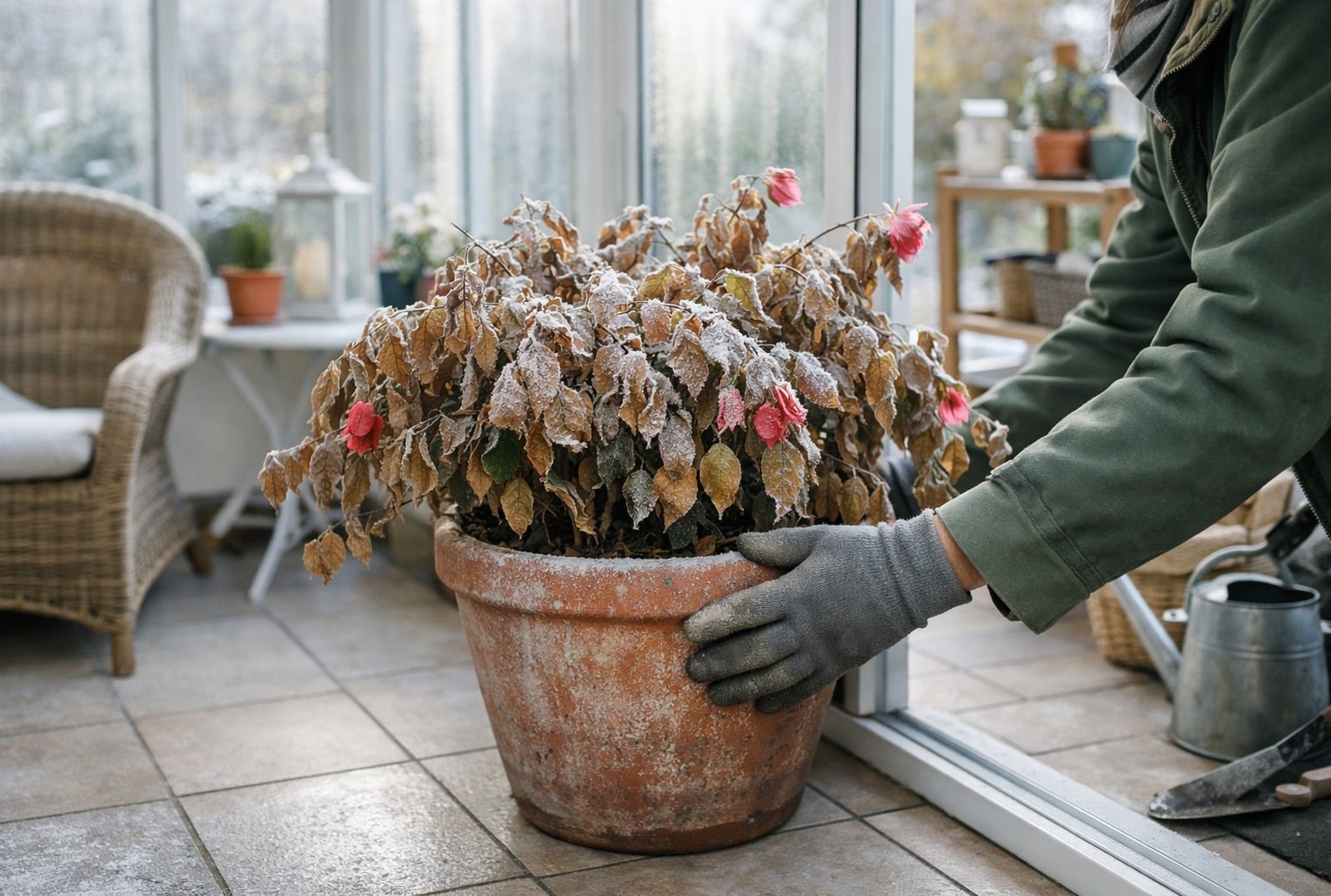 Bougainvillier gelé en pot déplacé dans une pièce lumineuse et fraîche pour le sauver après une nuit de gel.