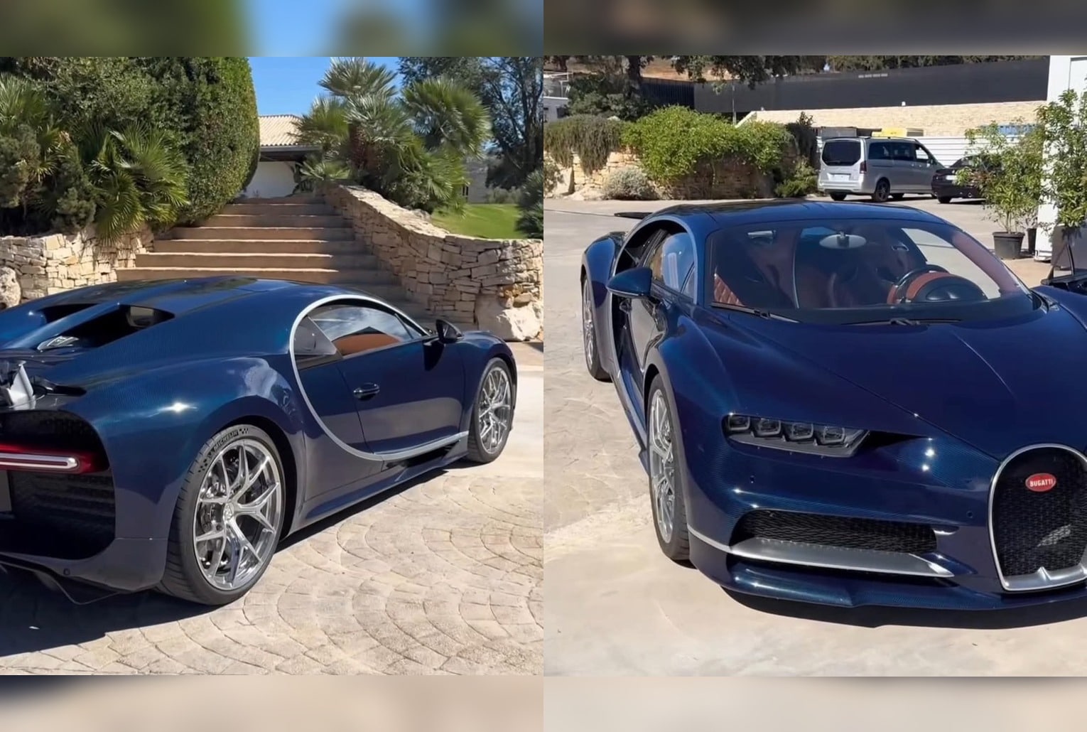 Bugatti Chiron bleue, vues arrière et avant sur une allée
