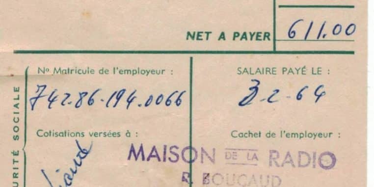 Bulletin de paye de janvier 1964, document papier détaillant un salaire.