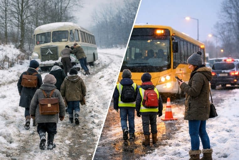 Scène scindée : à gauche écoliers marchant dans la neige en 1963, à droite bus scolaire et parent au téléphone en 2026.