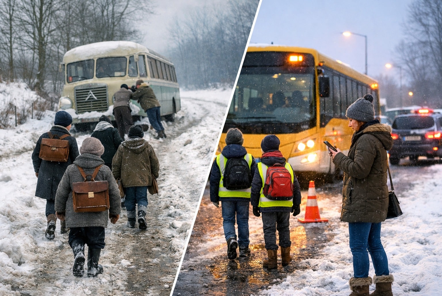 Scène scindée : à gauche écoliers marchant dans la neige en 1963, à droite bus scolaire et parent au téléphone en 2026.