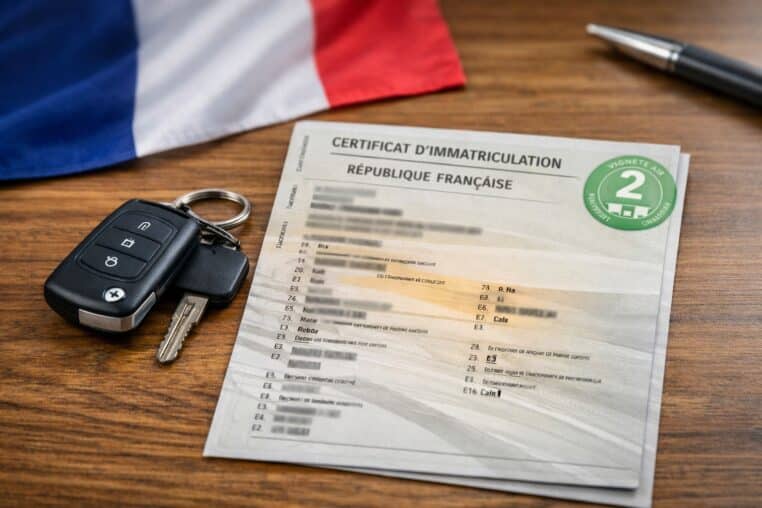 Carte grise 2026 posée sur une table en bois, avec clés de voiture et drapeau français en arrière-plan.