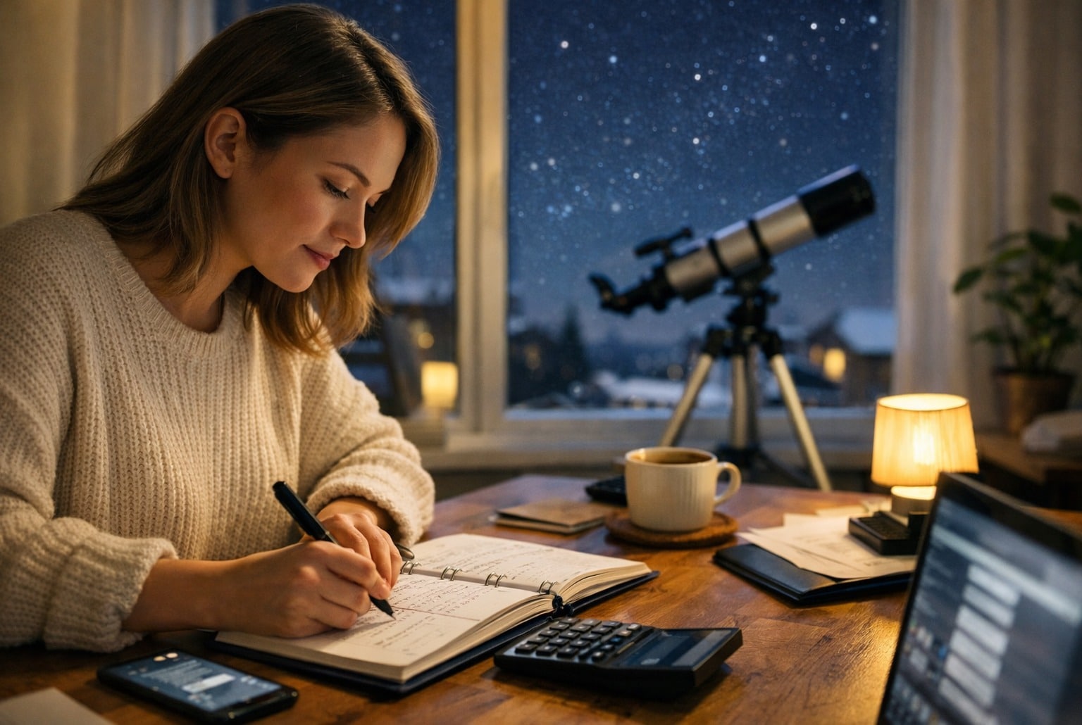 Jeune femme écrivant dans un agenda, calculatrice et café sur la table, télescope et ciel étoilé en hiver.
