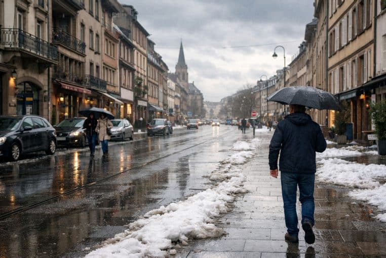 Rue de ville française en janvier, neige fondante sur les trottoirs, pluie fine et ciel atlantique doux