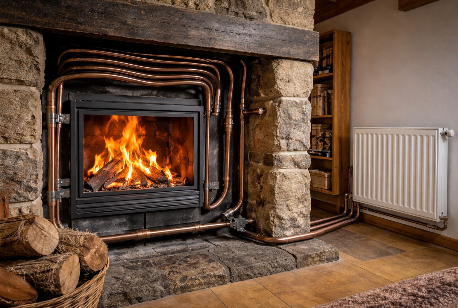 Insert bouilleur low-tech : serpentin de cuivre dans une cheminée alimentant des radiateurs