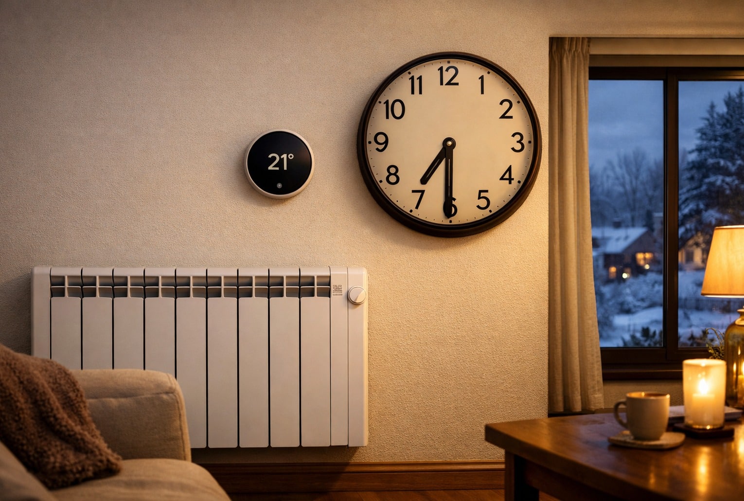 Chauffage électrique en heures pleines, radiateur et thermostat à 19h30