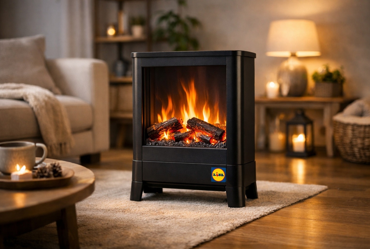 Cheminée électrique Lidl design dans un salon cosy, effet flammes réaliste