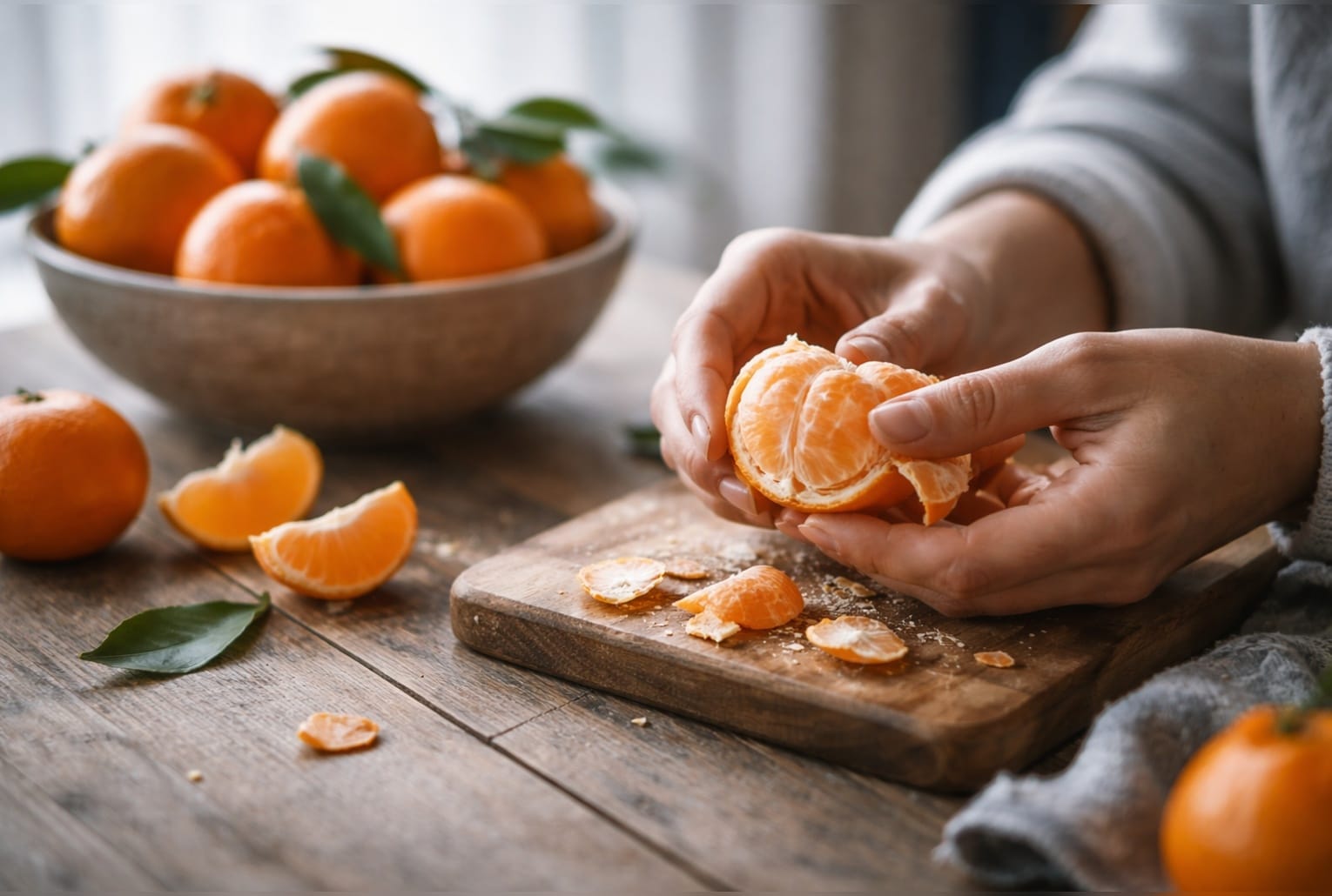 Des mains épluchent une clémentine sur une table en bois, avec un bol de clémentines en arrière-plan, lumière douce d’hiver.